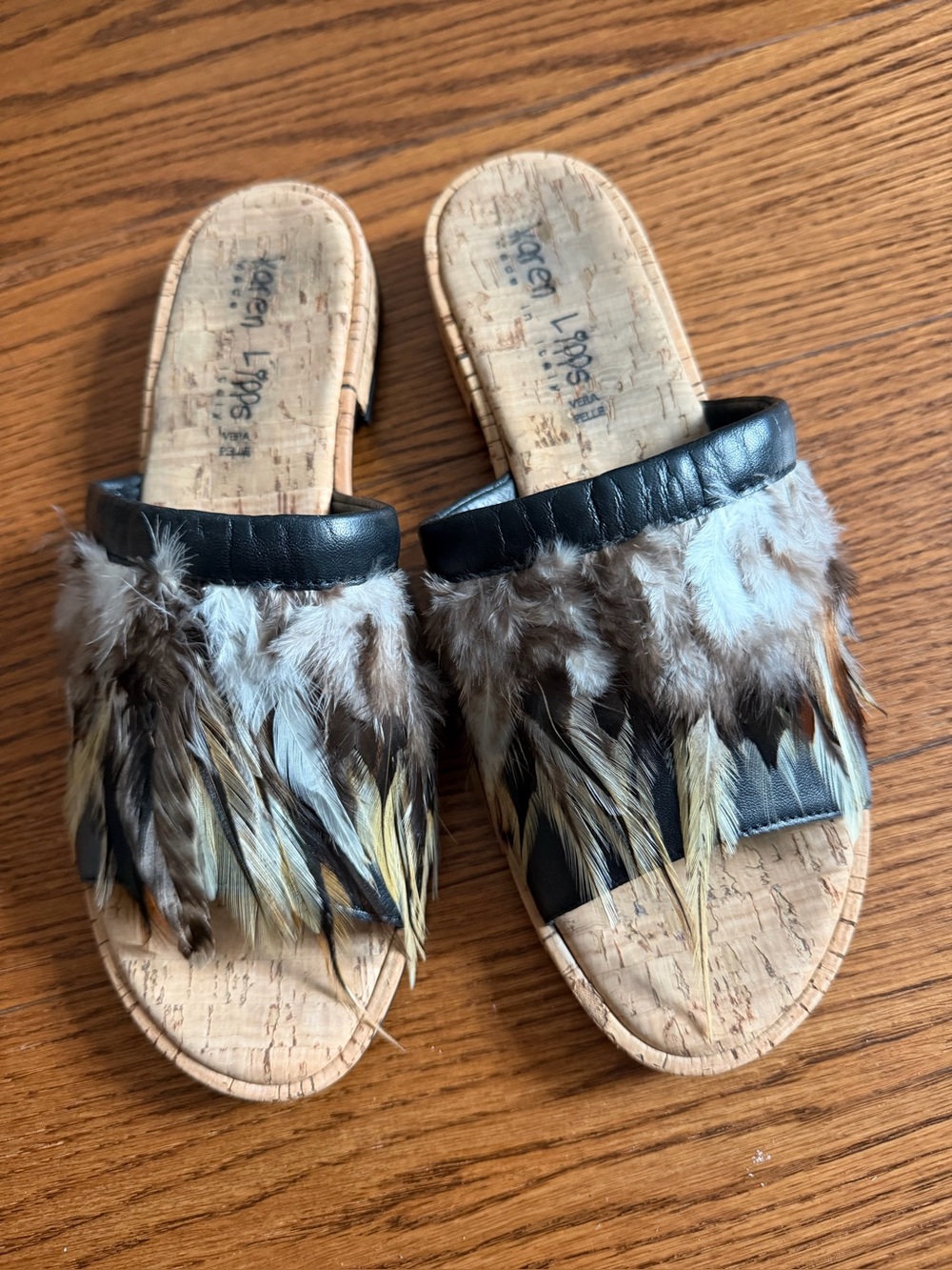 Women Feather Trim Slide Sandals in Brown and Black -